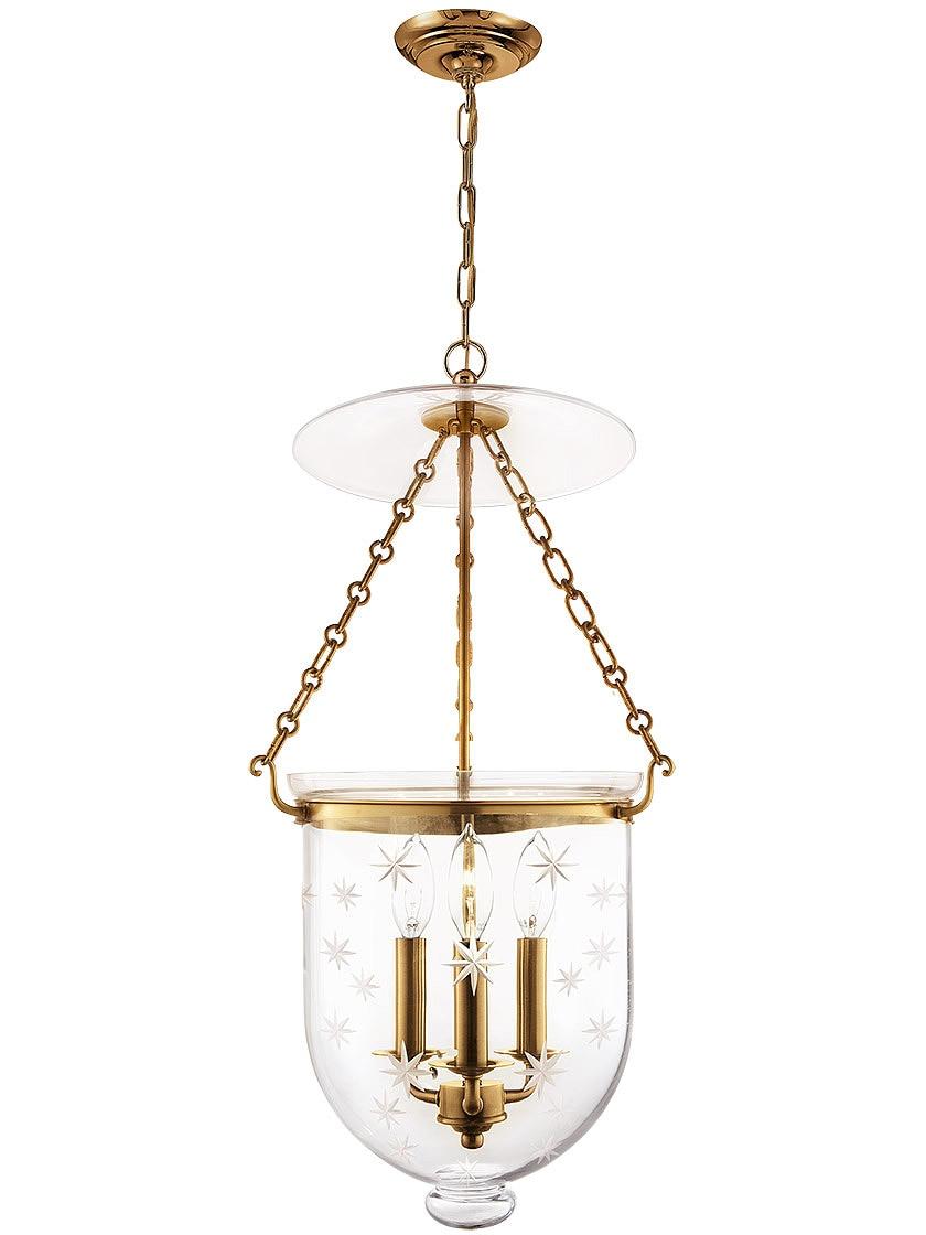 Pendants |   Hampton Large Bell Jar Hall Pendant with Etched Star Pattern Indoor Lighting Aged Brass